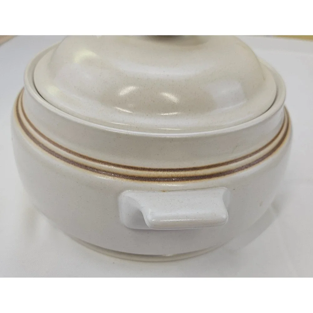 Woodberry Collection Stoneware Casserole Dish with Lid Cream Brown Striped Japan